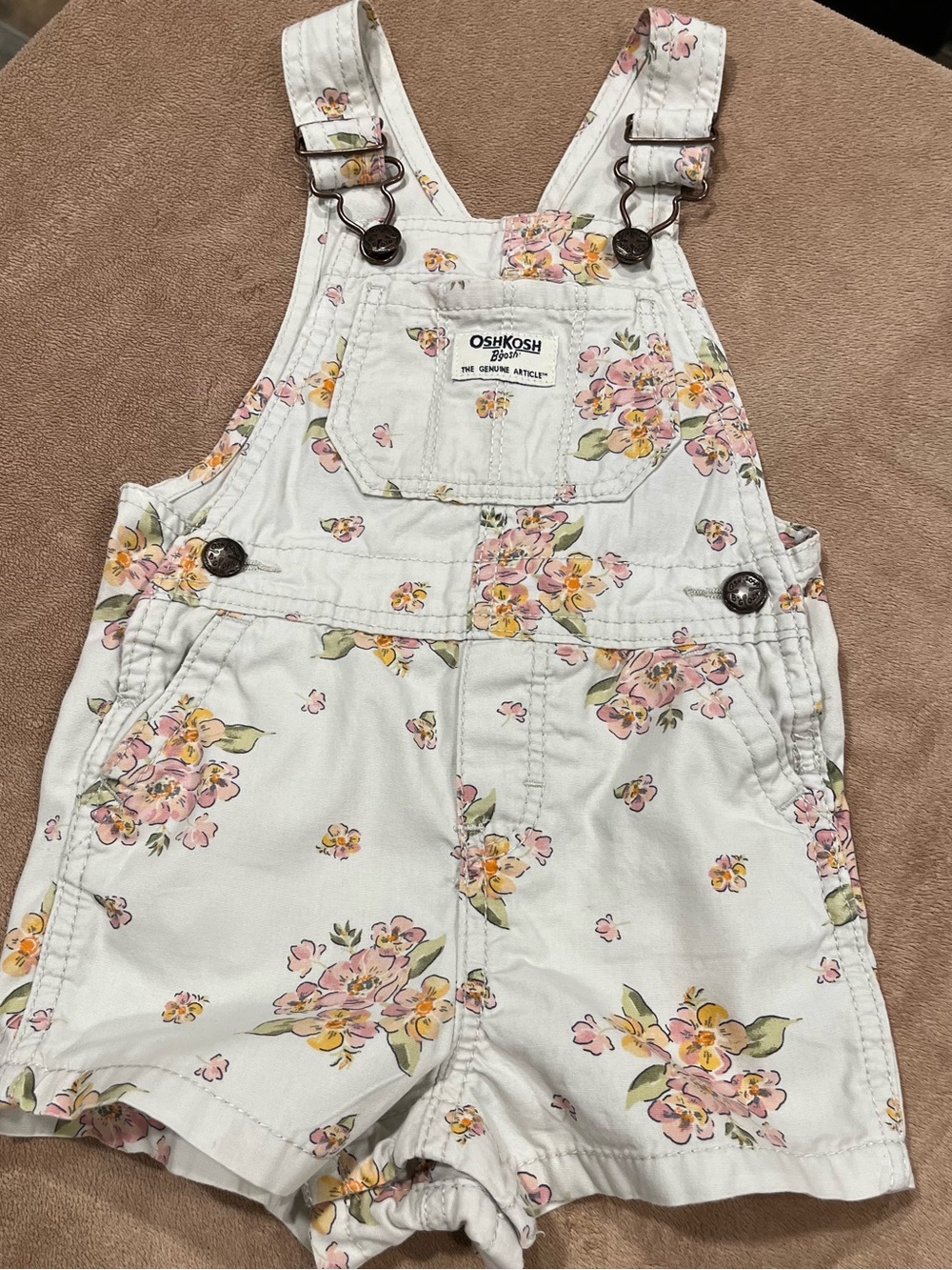 OshKosh B'gosh 18mo White Floral Short Overalls with Pink and Yellow Flowers